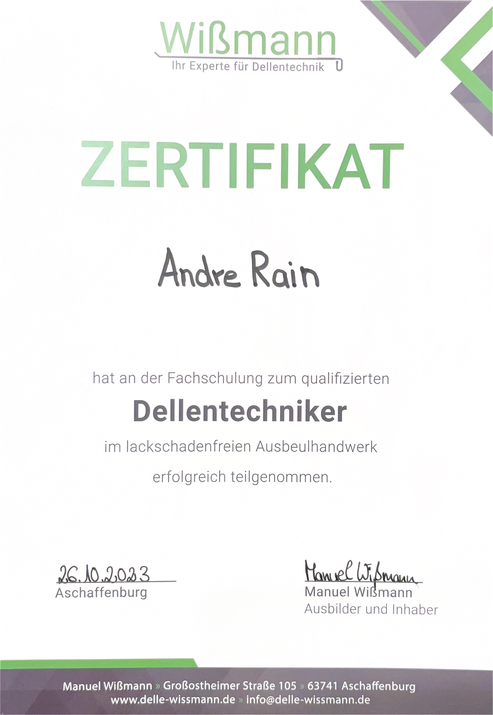 Zertifikat Rain-Dellentechnik Lichtenfels